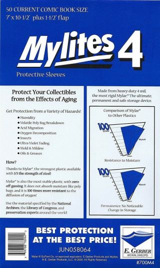 50 Mylites4 Current 4 Mil Heavy Duty Archival Mylar Comic Bags E.  Gerber 700m4