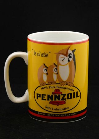 Jumbo Large Pennzoil One Quart Ceramic Coffee Mug Owls Be Oil Wise Open Road