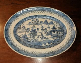 Antique Chinese Export Canton Blue & White Porcelain Oval Serving Platter