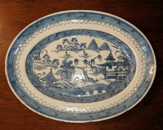 Antique Chinese Export Canton Blue & White Porcelain Oval Serving Platter 2