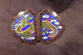 Exotic Antique Chinese Cloisonne Ginbari Dragon Bronze Belt Buckle Green On Blue