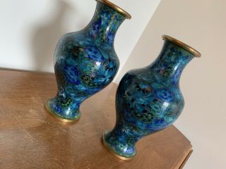 Chinese Cloisonne Vase Pair Large 11” Tall 20c Chinese Export