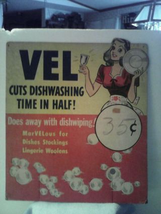 Vintage Vel Dish Washing Advertising Card Board Sign Display Ad