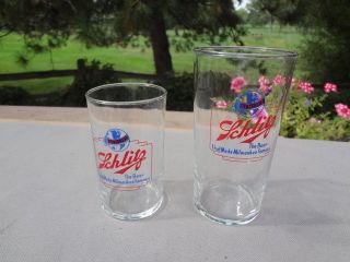 2 Vintage Schlitz Beer Glasses.  Blue & Red.  The Beer That Made Milwaukee Famous