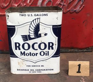 Vintage Richfield Motor Oil Can Rocor,  2 Gal Steel Can,  Arco,  Atlantic,  1