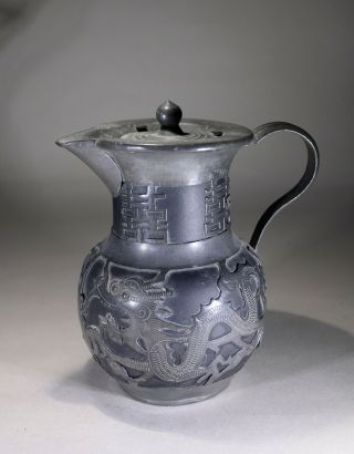 Chinese Yixing Pottery & Pewter Water Pot Dragons Chasing Pearls Wen Hua Shun