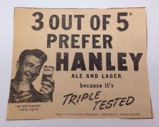 Antique Hanley Lager Ale Beer Ad Providence Rhode Island 1940s Taste Test