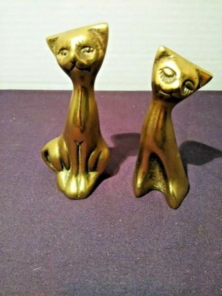 2 Vintage Solid Brass Long Neck Siamese Cats Eyelashes Korea