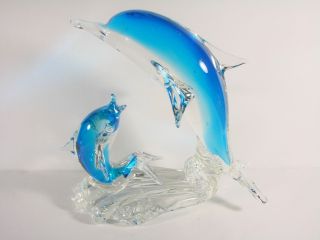 Blown Glass Dolphins In Shaded Sea Blue Medium Large