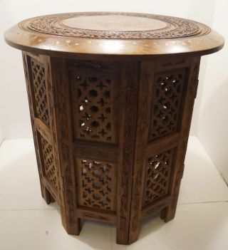 Hand Carved Wood Round Top Table W/ Octagonal Folding Stand Inlaid Brass Design