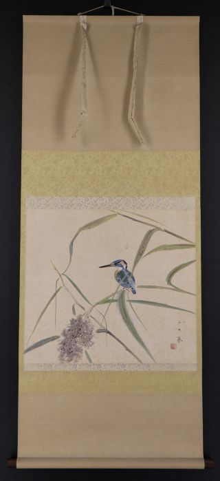 Japanese Hanging Scroll Art Painting " King Fisher " Asian Antique E8212