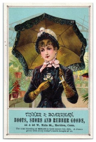 Woman W/ Parasol,  Tinker & Boardman Boots Shoes,  Meriden Ct Victorian Trade Card