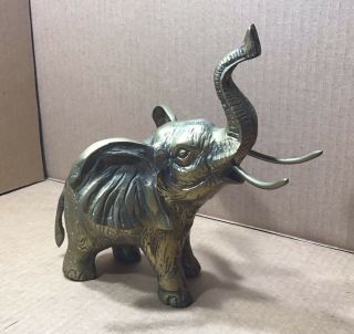 Vintage Brass Elephant Figurine With Raised Trunk African Jungle Decor Korea