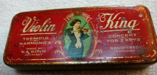 Very Rare Red Antique Vintage Violin King Harmonica Tremolo Tin Case Germany