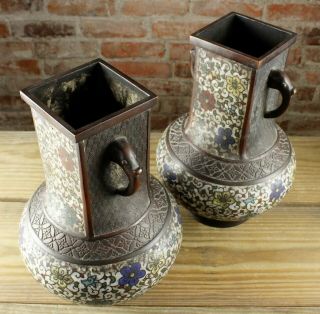 PAIR ANTIQUE 19TH CENTURY CHINESE MING STYLE CLOISONNE BRONZE VASES 7