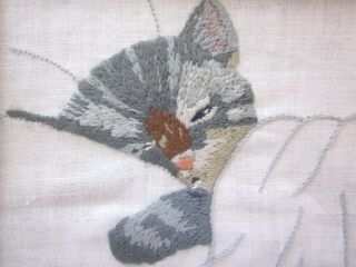 Vintage Embroidered Picture Sleeping Chessie Cat Kitten Framed