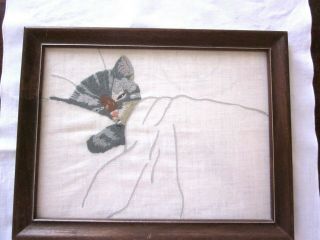 Vintage EMBROIDERED PICTURE SLEEPING CHESSIE CAT KITTEN Framed 3