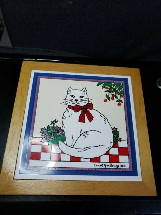 Rare Vintage 1983 Signed/dated Carol Gordon Framed Tile,  White Cat/red Bow,
