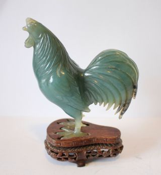 19th Century Chinese Hand Carved Jade Cockerel On Wooden Plinth