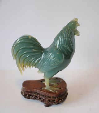19th Century Chinese Hand Carved Jade Cockerel on Wooden Plinth 2