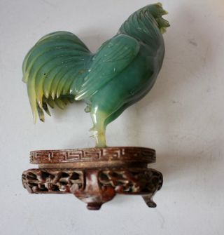 19th Century Chinese Hand Carved Jade Cockerel on Wooden Plinth 3