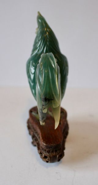 19th Century Chinese Hand Carved Jade Cockerel on Wooden Plinth 4