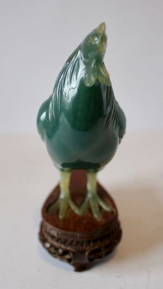 19th Century Chinese Hand Carved Jade Cockerel on Wooden Plinth 5