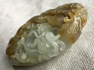 Antique Qing Dynasty Chinese Carved Celadon Jade Stone Pebble Carving Ornament