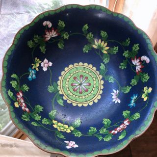 Antique Chinese Blue Cloisonné Bowl Enamel Marked Large Asian Floral Dish