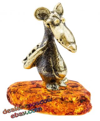 Bronze Solid Brass Baltic Amber Figurine Cunning Rat Statuette