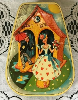 George W.  Horner Candy Tin Rain Or Fine House Bride Groom Couple England - 1950 