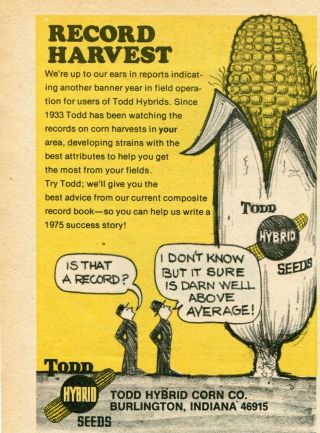 1974 Small Print Ad Of Todd Hybrid Corn Seed Record Harvest Burlington In
