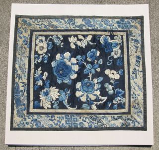 Antique Chinese Embroidery Blue And White Silk Floral Robe Fragment 19thc Qing