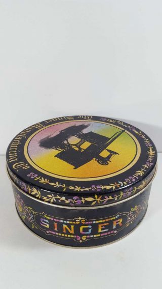 The Singer Manufacturing Co.  Black And Rainbow Round Tin,  Sewing,  Vintage