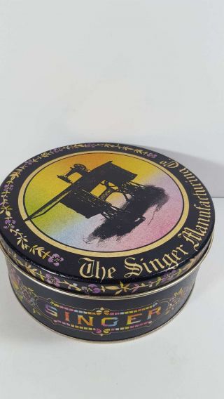 The Singer Manufacturing Co.  Black and Rainbow Round Tin,  Sewing,  Vintage 5