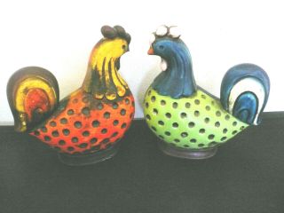 2 Vintage Homco Japan Ceramic Porcelain Folk Art Roosters Chickens Approx 6 " T