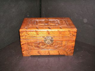 Vintage Chinese Carved Camphor Wood Jewelry Chest Box Casket - Completely Lined