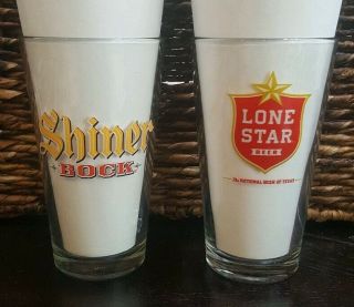 2 Texas Beer Pint Glasses.  Lone Star Armadillo Logo & Shined Bock