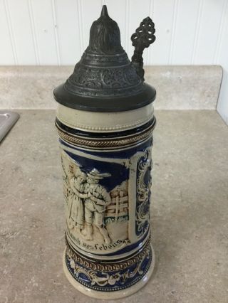 German Stein With Lid Tan And Blue