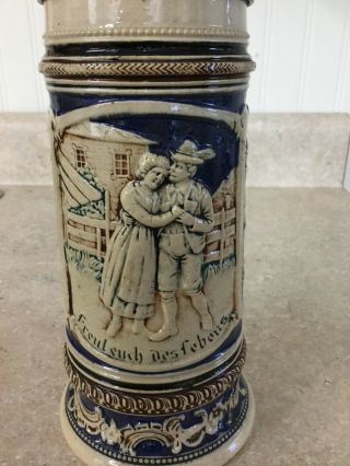 German Stein with Lid Tan and Blue 5
