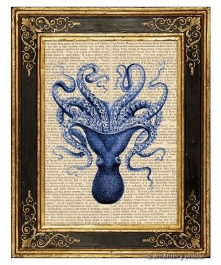 Blue Octopus 3 Art Print On Vintage Book Page Home Office Decor Gifts Tentacles