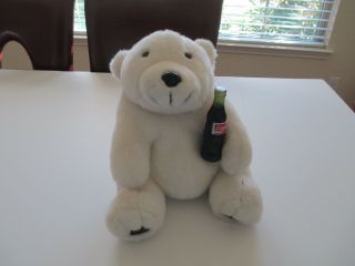 Coca Cola White Plush 13 " Teddy Bear Holding Plastic Coke Bottle