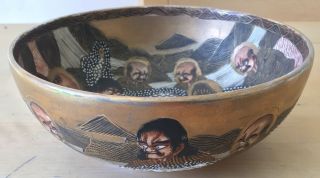 Signed Antique Meiji Japanese Satsuma 1000 Faces Immortals Pattern Bowl