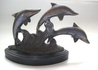 Small Brass Figure 3 Dolphins Jumping Out Of A Wave 8 " X 5 "