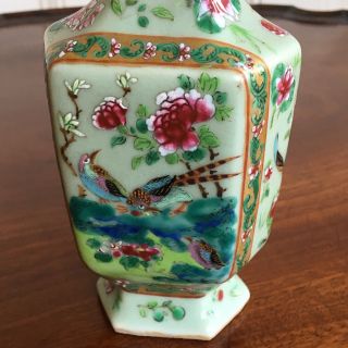 A 19th Century Chinese Celadon Glaze Famille Rose Porcelain Vase.  18.  5cm High. 3