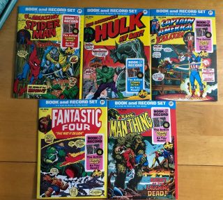 Comic Book & Record Set: Spider - Man,  Hulk,  Fantastic 4,  Capt.  Am,  Man - Thing (5)