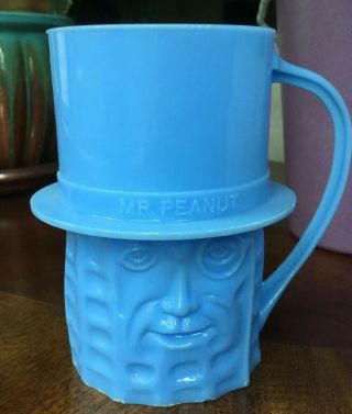 Vintage 1950s Planters Mr.  Peanut Blue Plastic Mug Cup - Euc Blue Cond