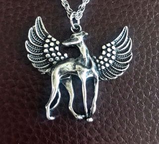 Pewter Winged Greyhound Or Whippet Angel Pendant Memory Necklace