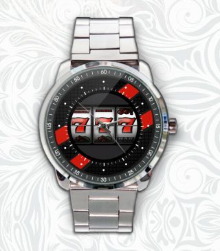 Slot Machine Red 7s Jackpot Vegas Custom Stainless Steel Watch