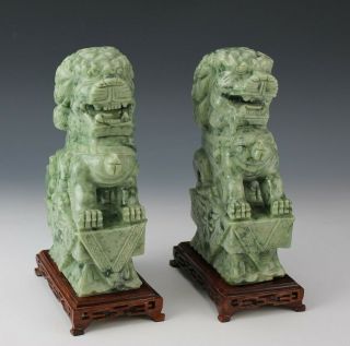 Pr Chinese Export Carved Green Jade Foo Dragon Lion Dog Bookend Sculptures Bmg